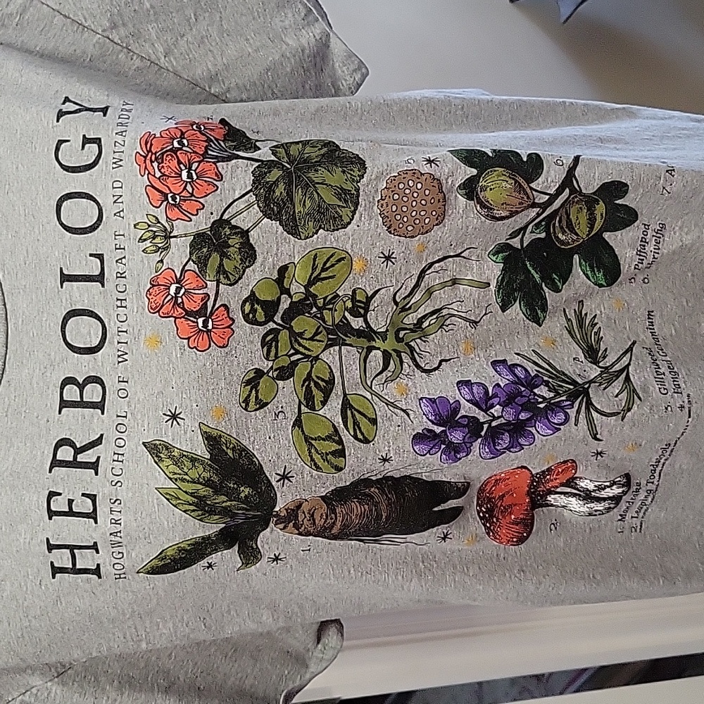 Harry Potter HERBOLOGY Hogwarts School of Witchcraft Wizardry gray tee shirt L